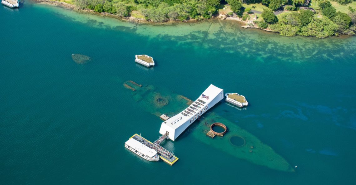 Aerial view of the Arizona memorial Pearl Harbor in Honolulu