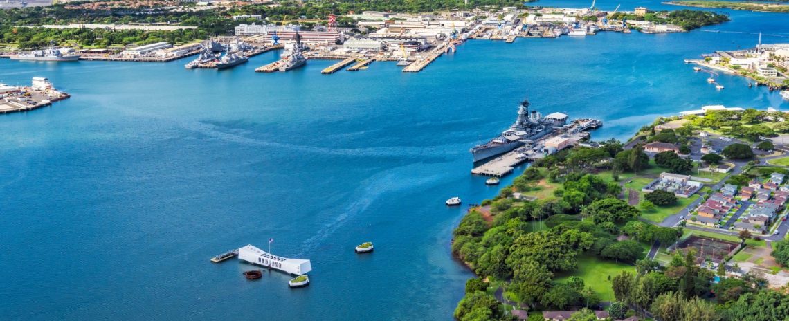 Aerial view of USS Arizona and USS Missouri Memorials at Ford Island, Pearl Harbor, Honolulu, Hawaii, USA