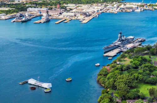 Aerial view of USS Arizona and USS Missouri Memorials at Ford Island, Pearl Harbor, Honolulu, Hawaii, USA
