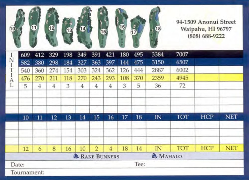 Royal Kunia Country Club Scorecard