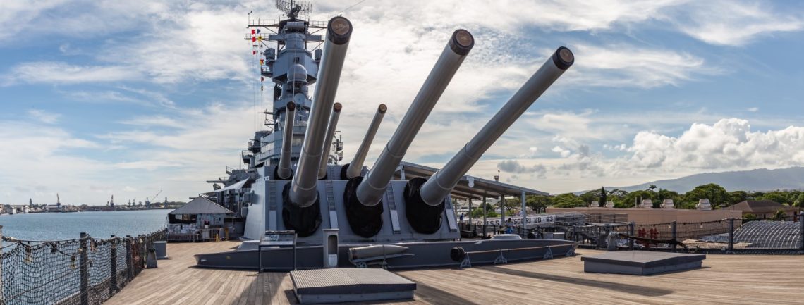 Pearl Harbor, Hawaii, USA - September 24, 2018: Panoramic shot of huge cannons and deck of USS Missouri