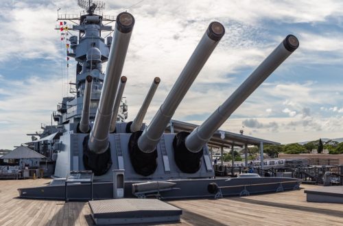 Pearl Harbor, Hawaii, USA - September 24, 2018: Panoramic shot of huge cannons and deck of USS Missouri